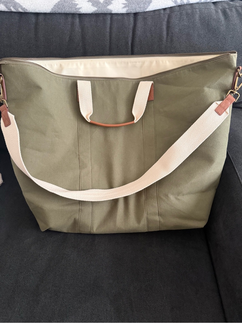 Olive Canvas Travel Tote with Cream Strap by FEED